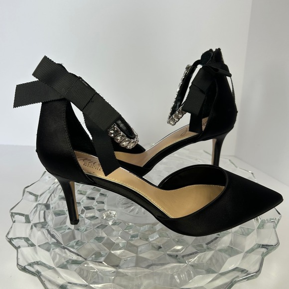 Jewel Badgley Mischka Shoes - Jewel Badgley Mischka Black Satin Rhinestone Bow Ankle Strap Heels Size 8